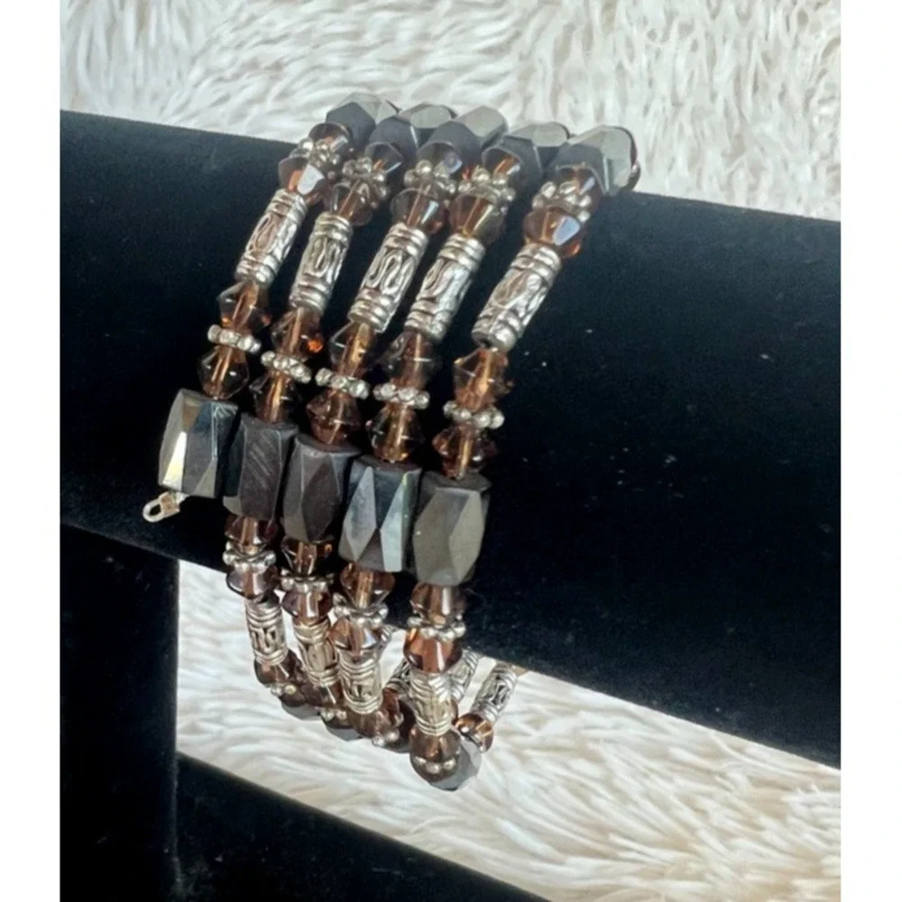 Magnetic Wrap Bracelet Brown Glass Beaded Multi Strand‎ Bronze Black Earthy